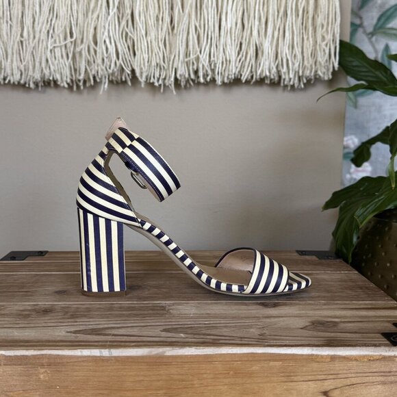 J. Crew Leather Light Cream Navy Stripe Ankle Strap Open Toe Block Heel Sandals - Picture 8 of 16
